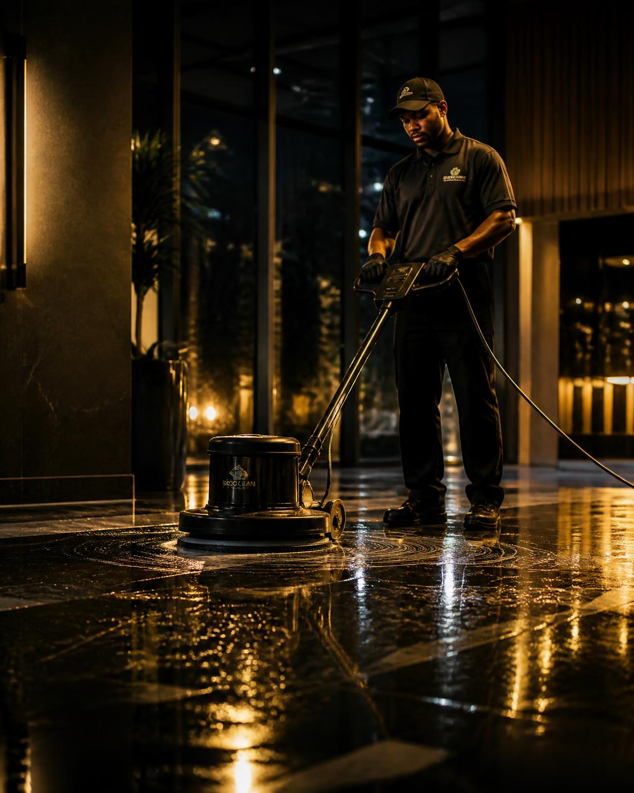 Probello technician machine-polishing a commercial floor at night